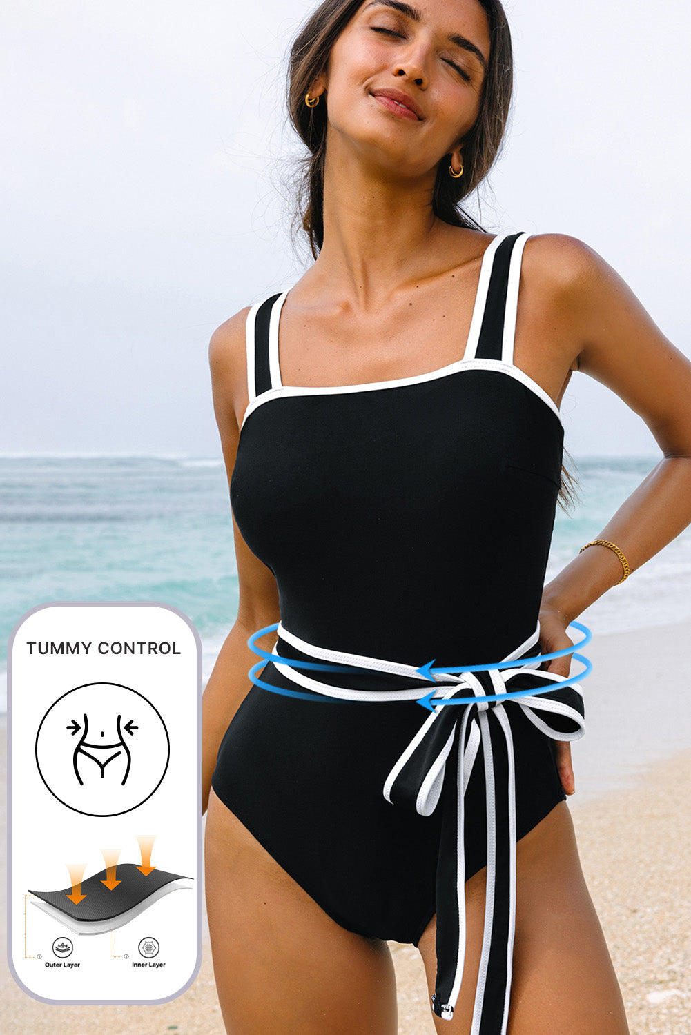 Black Colourblock Edge Belted One Piece Swimsuit eAura
