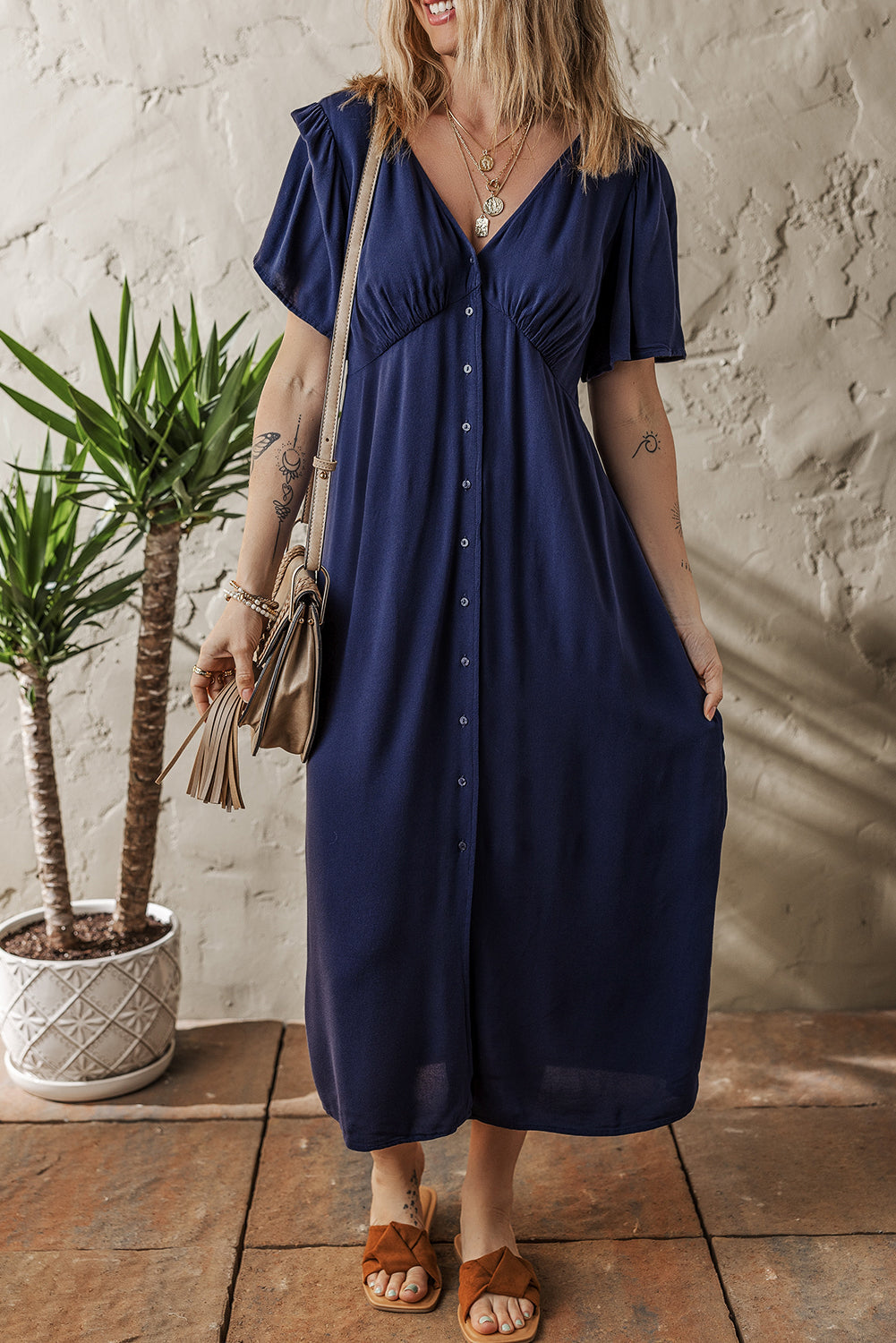 Navy Blue V Neck Buttoned Front Shirred Back Short Sleeve Midi Dress eAura
