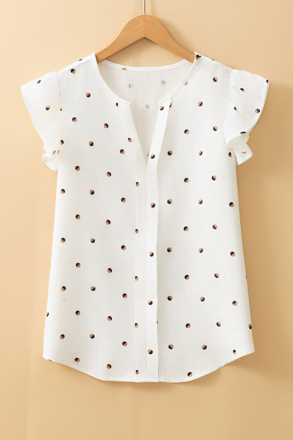White Polka Dot Print Ruffled Shoulder V Neck Blouse eAura