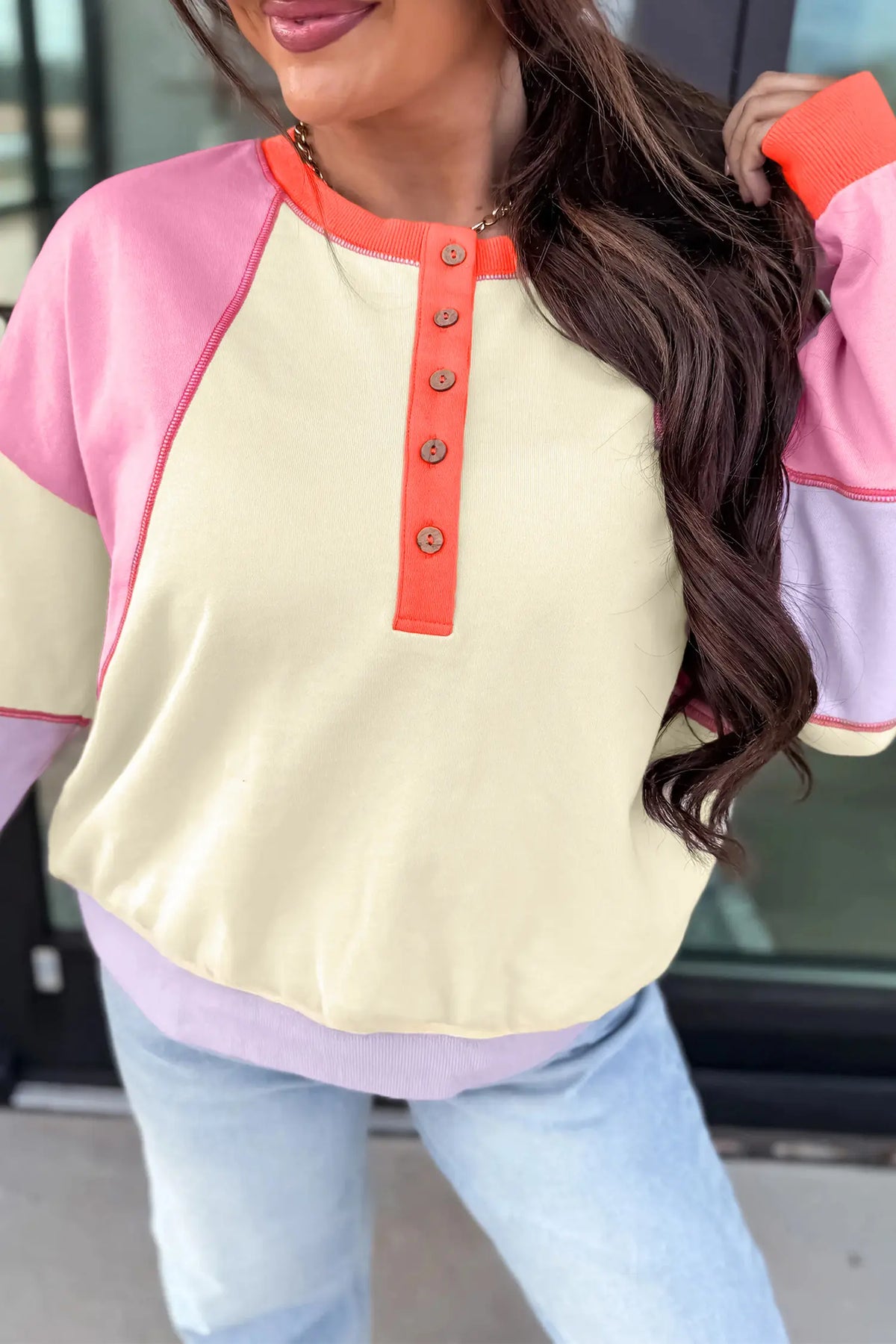 Exposed Seam Colourblock Patchwork Pullover Long Sleeve Top – Multicolour