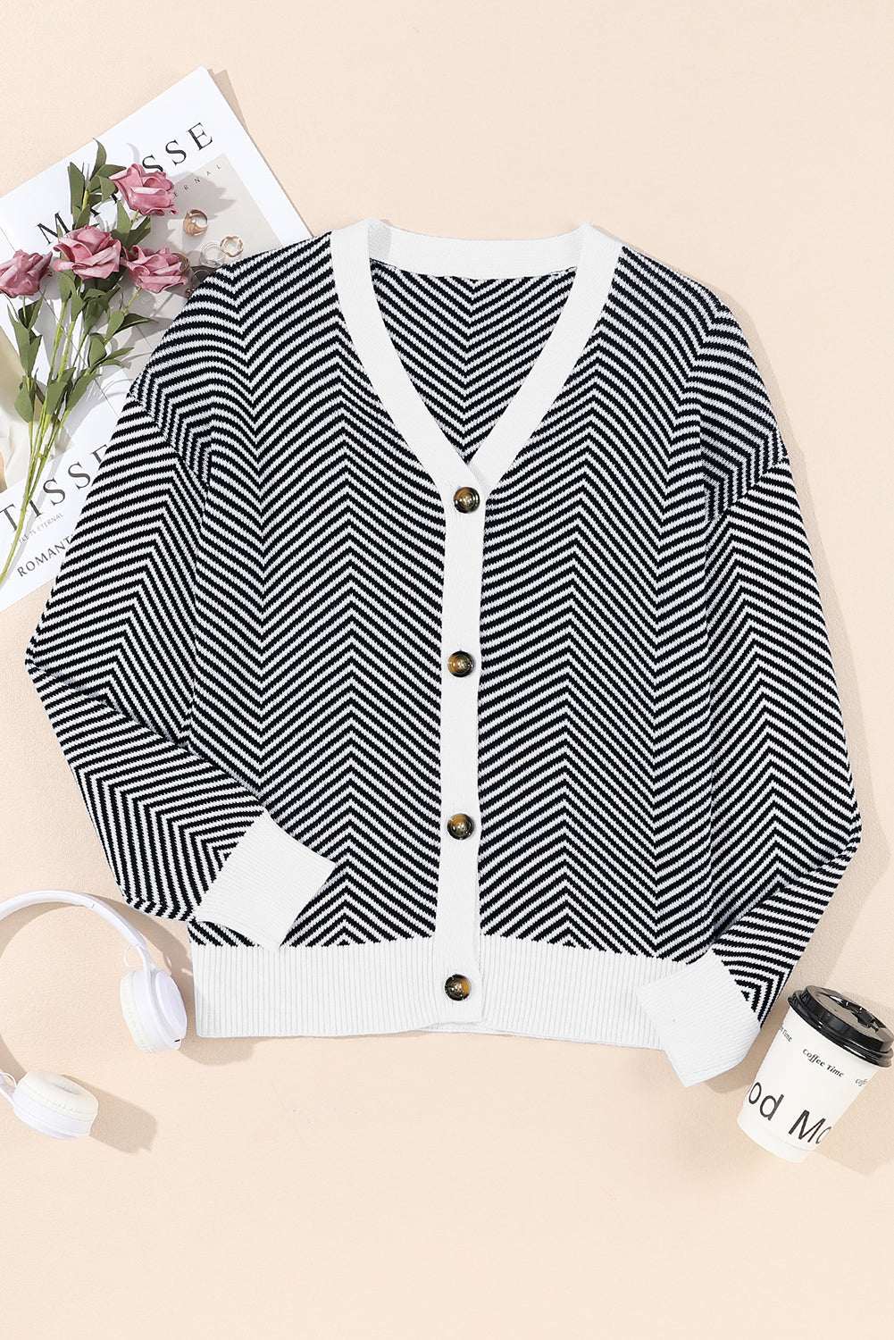 Brown Stripe Buttoned Front V Neck Herringbone Cardigan Dear-Lover Dropshipping