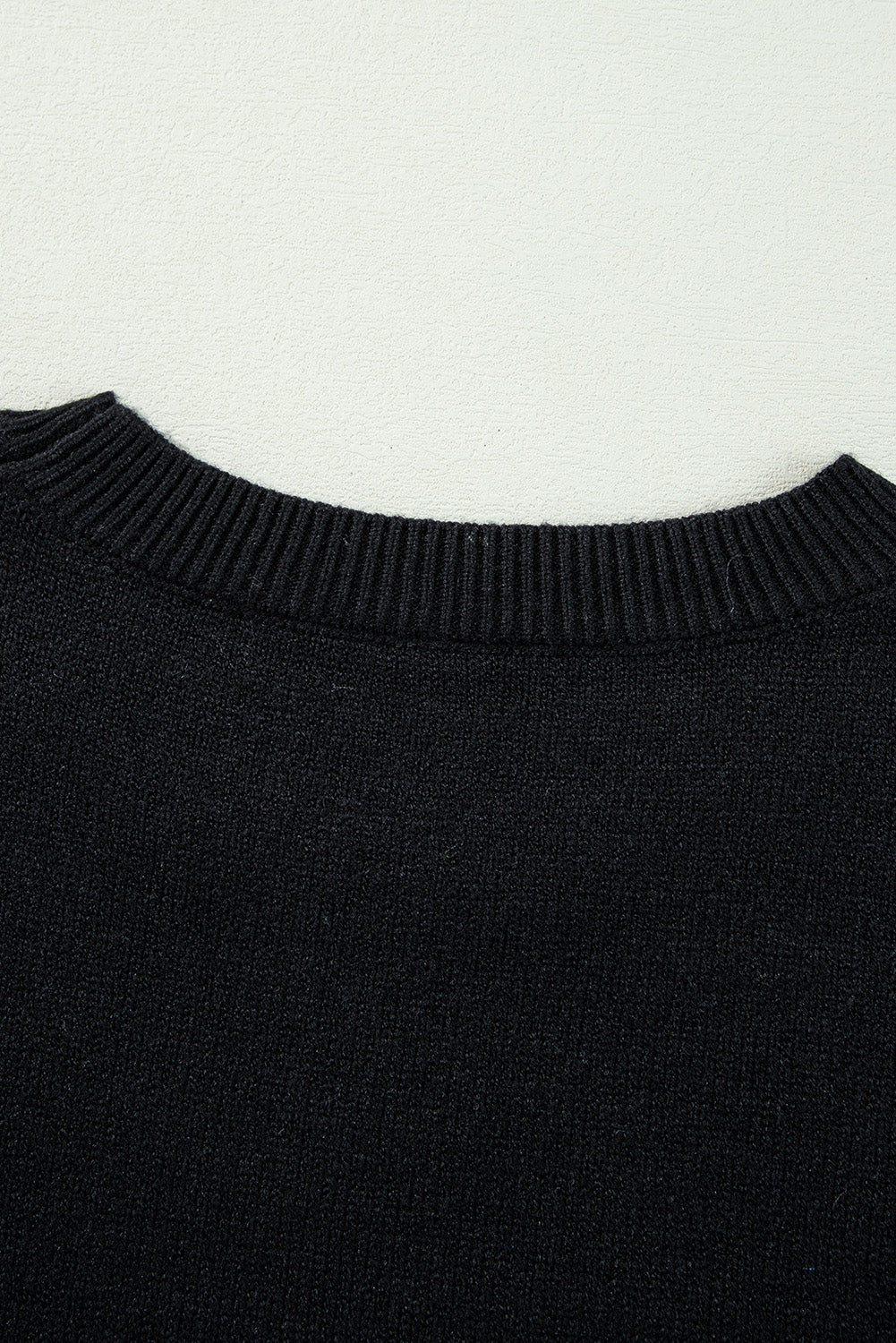 Black Boo Knitted Pattern Ribbed Edge Drop Shoulder Sweater eAura