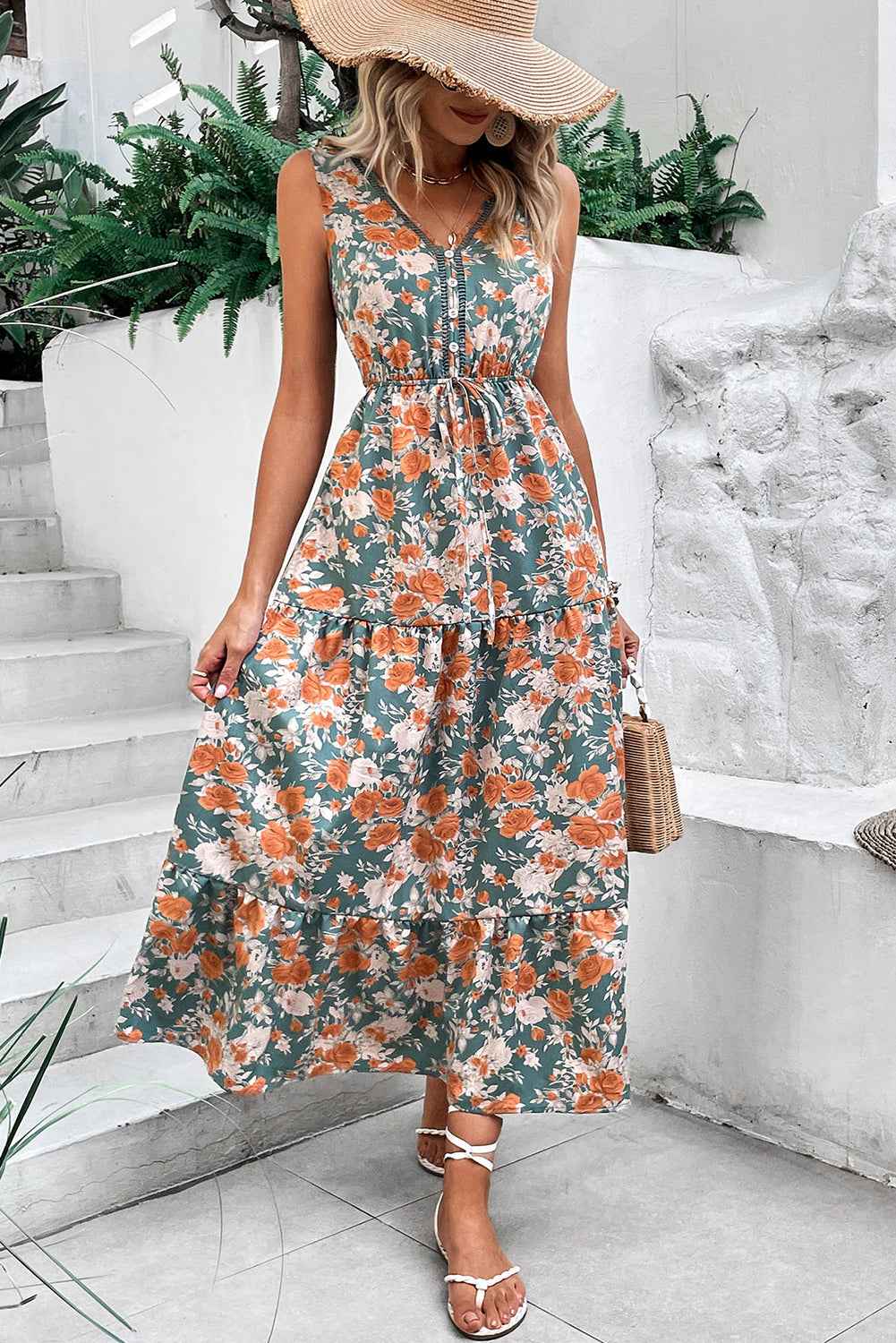 Green Floral Print Trimmed V Neck Tie Waist Sleeveless Holiday Long Dress - eAura