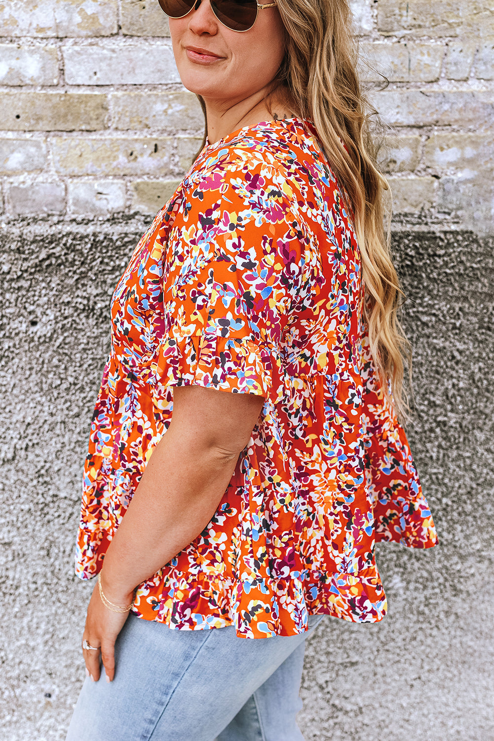 Orange Floral Printed Ruffle Sleeve Curvy Babydoll Blouse BB Fashion Outlet