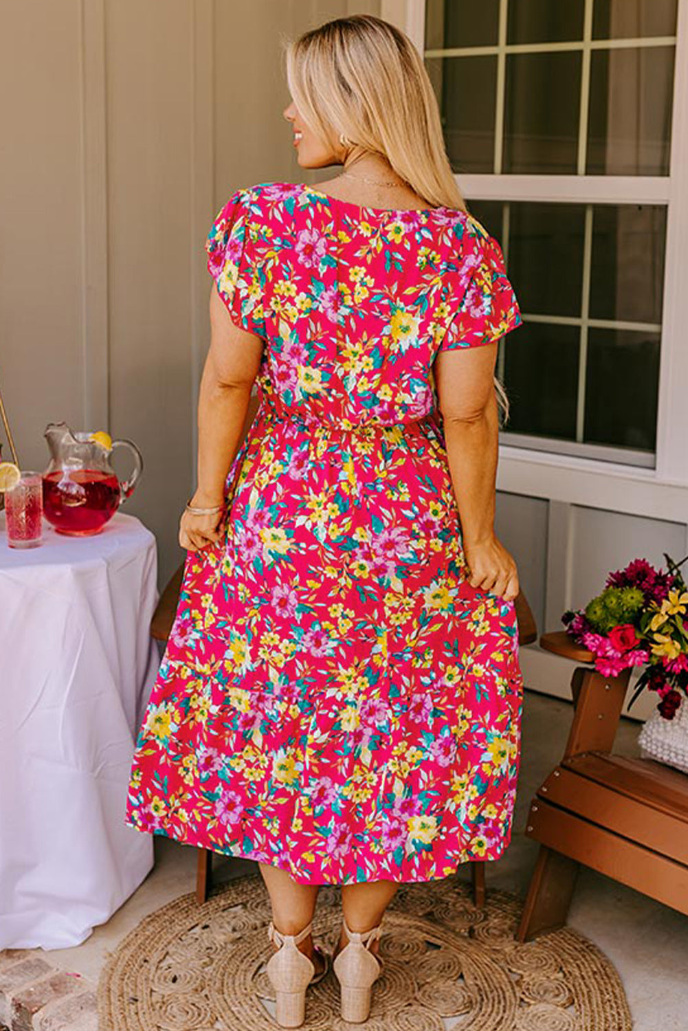 Pink Floral Print V Neck Pocketed High Waist Plus Size Midi Dress BB Fashion Outlet