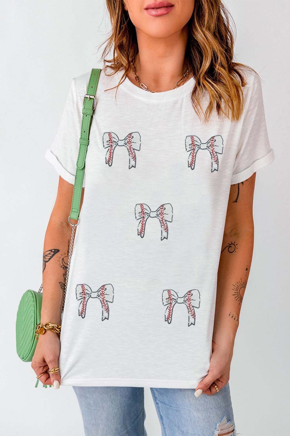 White Glitter Baseball Bow Patched Cotton Blend T-Shirt eAura