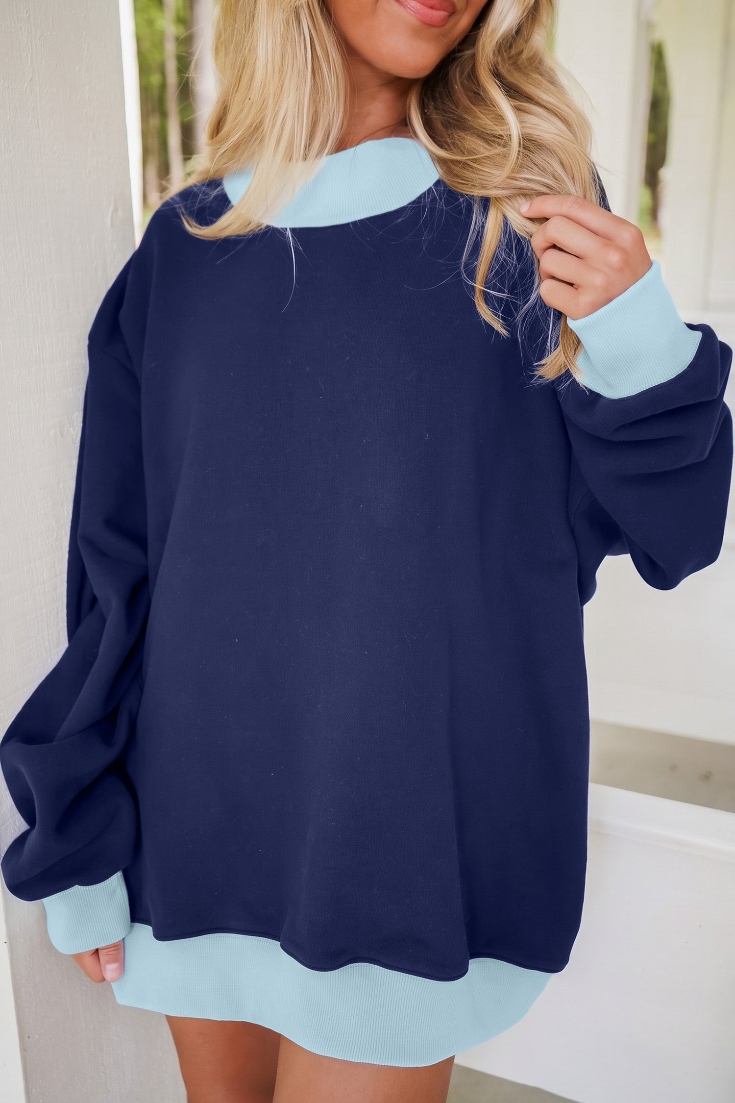 Colorblock Trim Crewneck Long Sleeve Pullover Sweatshirt – Pink