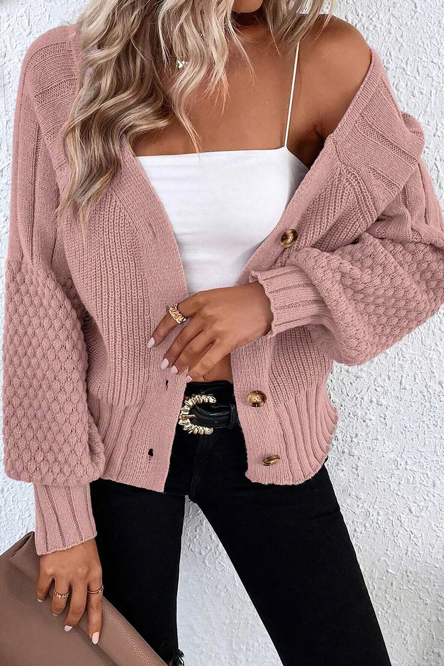 Textured Knit Button V-Neck Cardigan