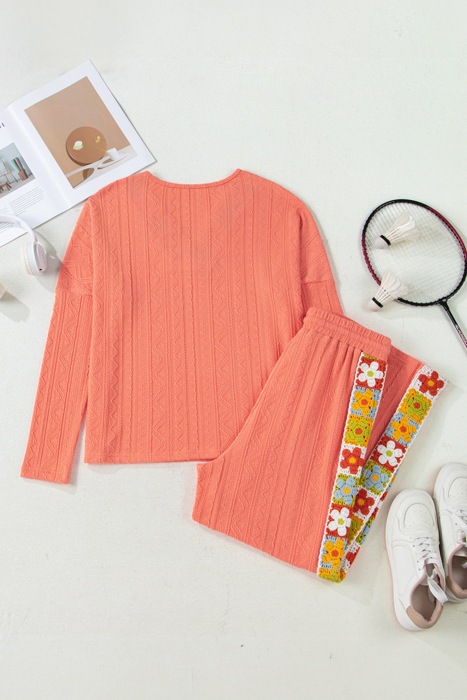 Orange Crochet Floral Accent V-Neck Textured Trouser Set - Two Piece Sets/Pant Sets