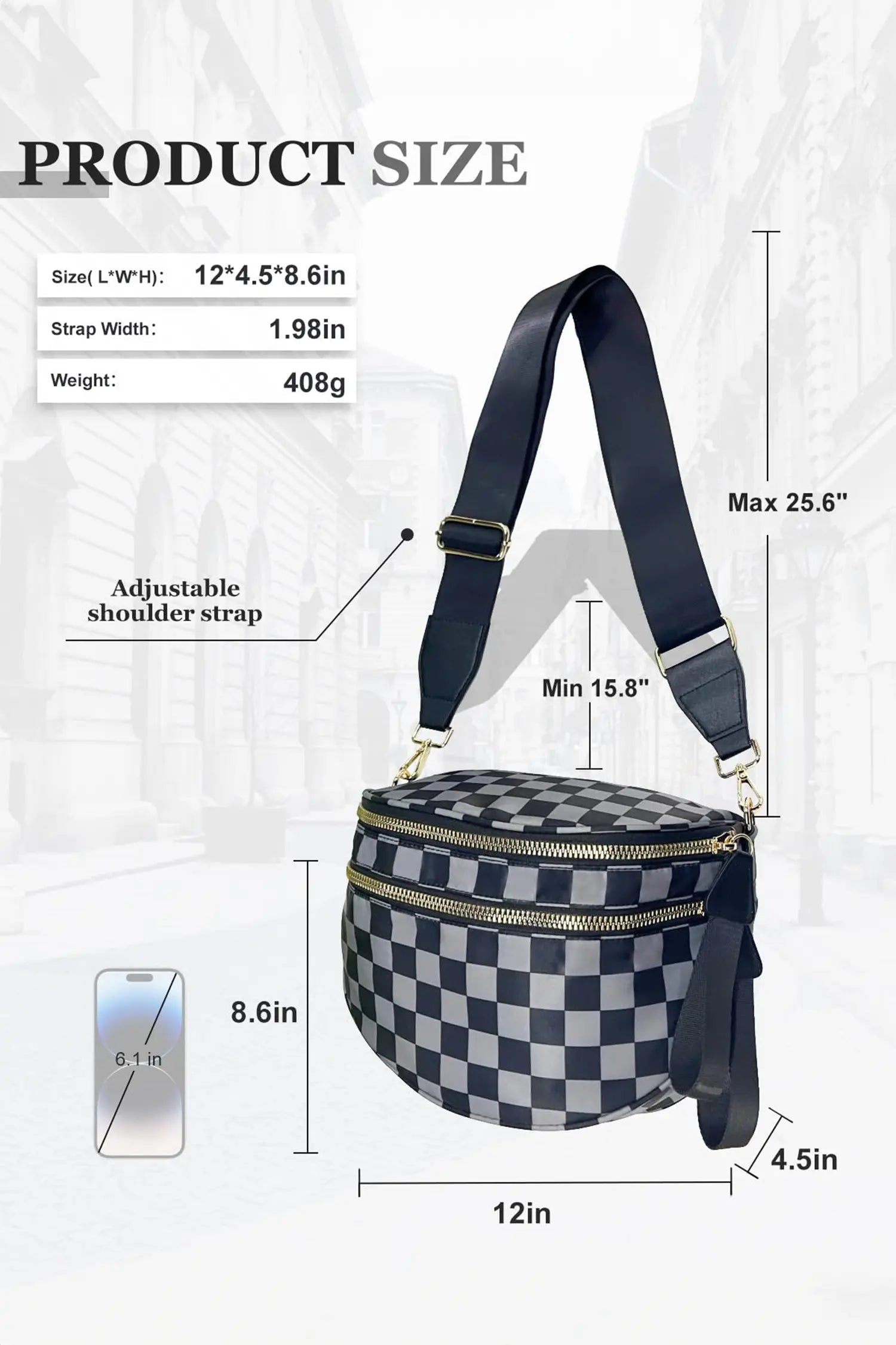 Dark Grey Checkered Print Wide Strap Large Crossbody Bag