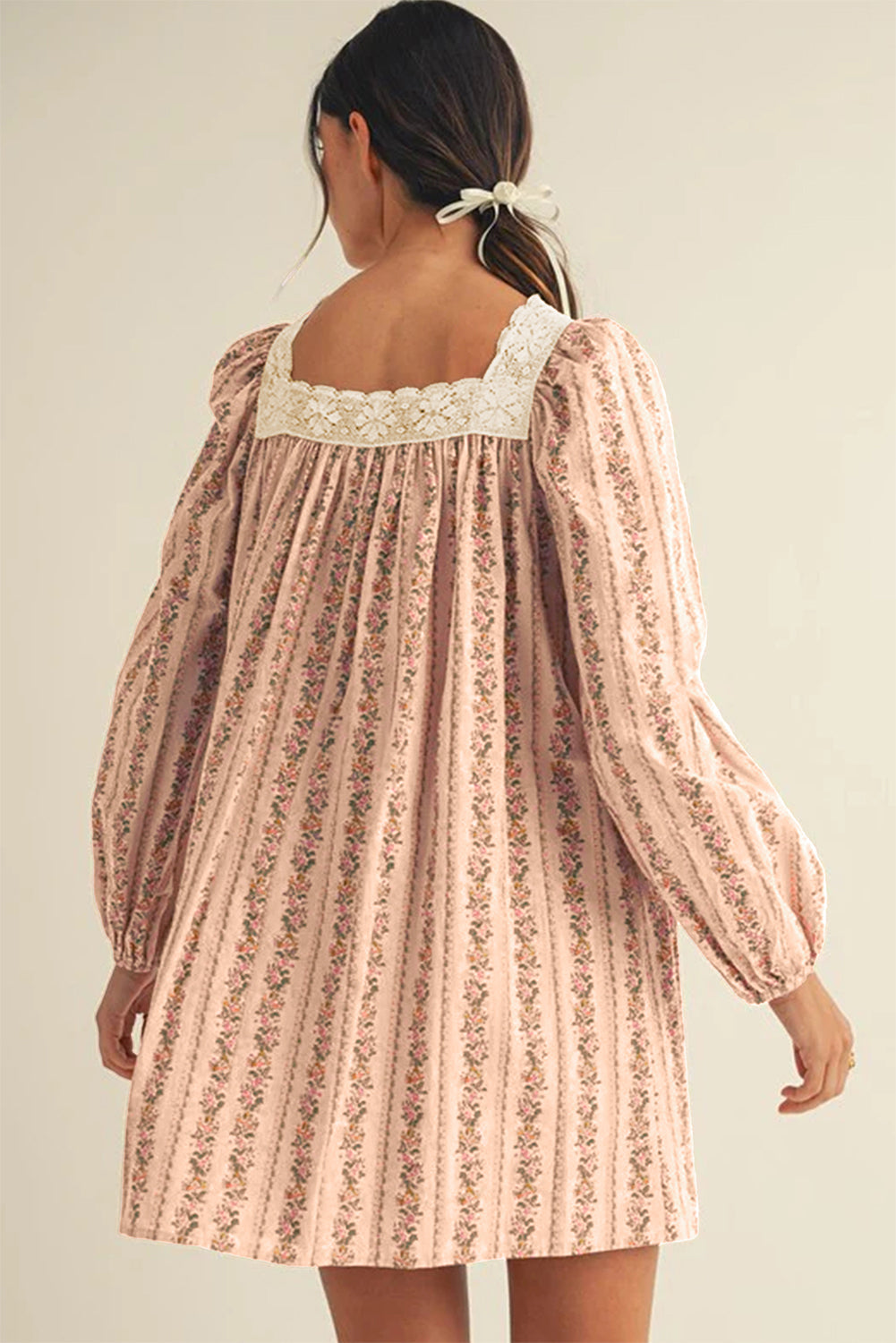 Floral Print Contrast Velvet Bow Lace Patchwork Long Sleeve Loose Mini Dress - eAura
