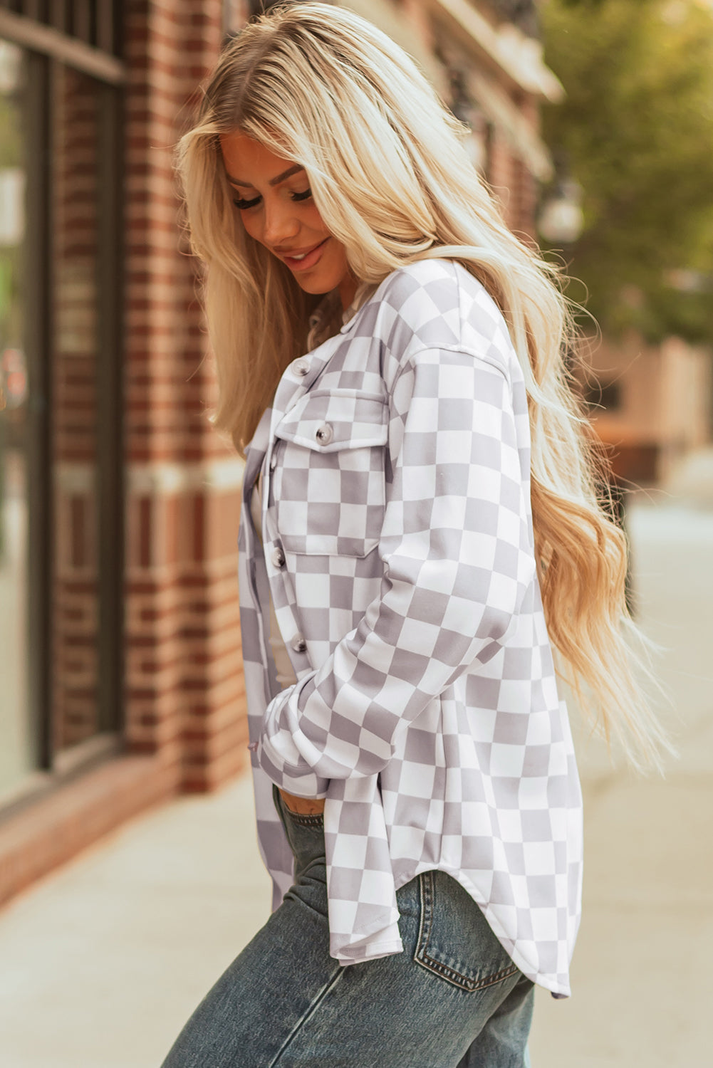 Checkerboard Flap Pocket Button Front Shacket Dear-Lover Dropshipping