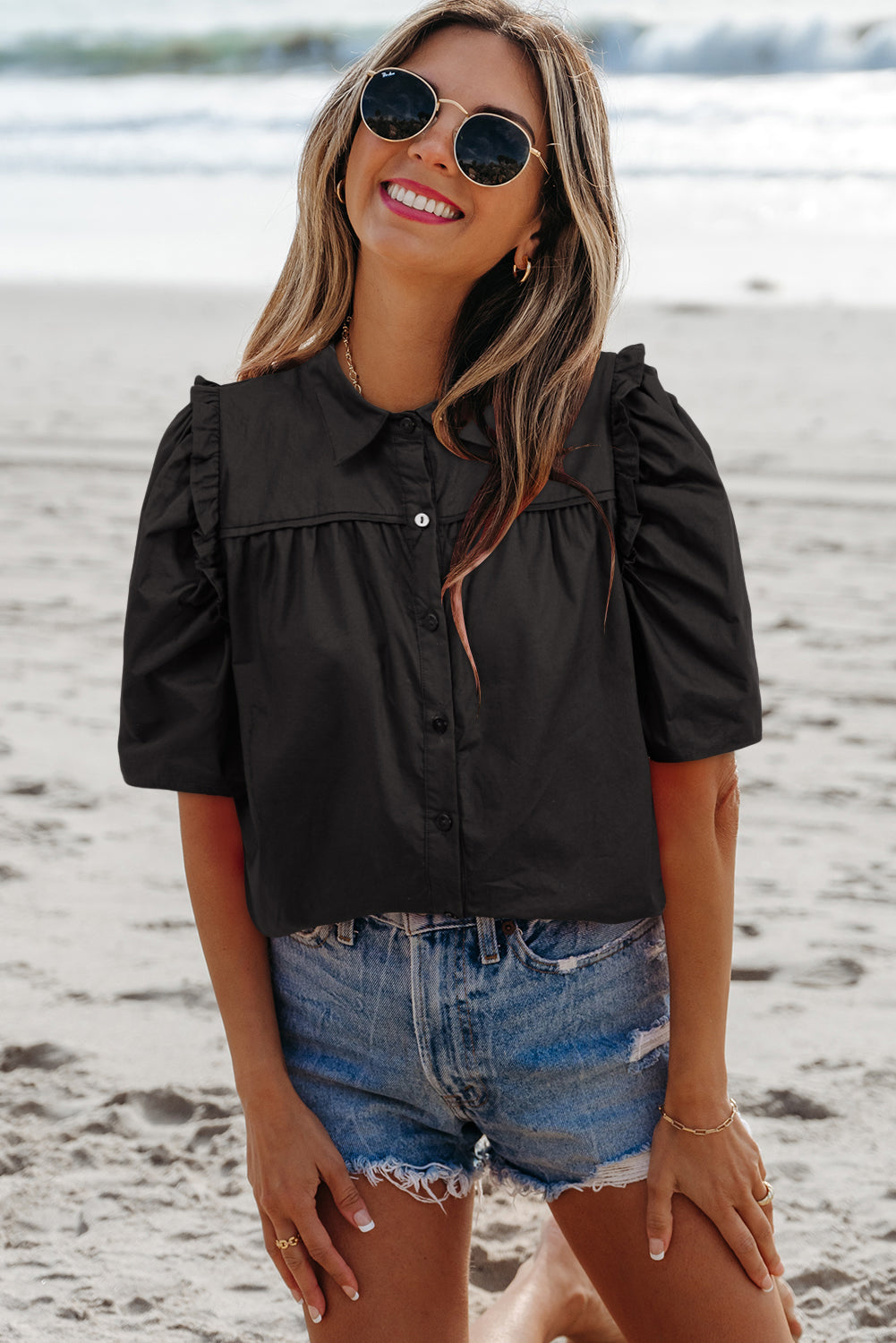 Black Ruffled Puff Sleeve Stylish Collared Shirt eAura