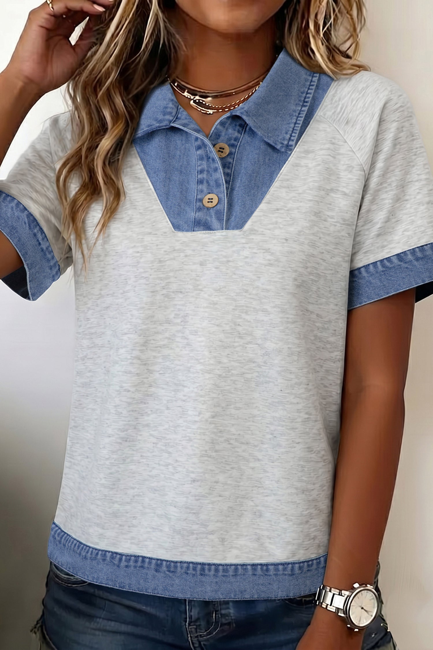 Denim Contrast Collar Cuffed Short Sleeve Top – Light Grey