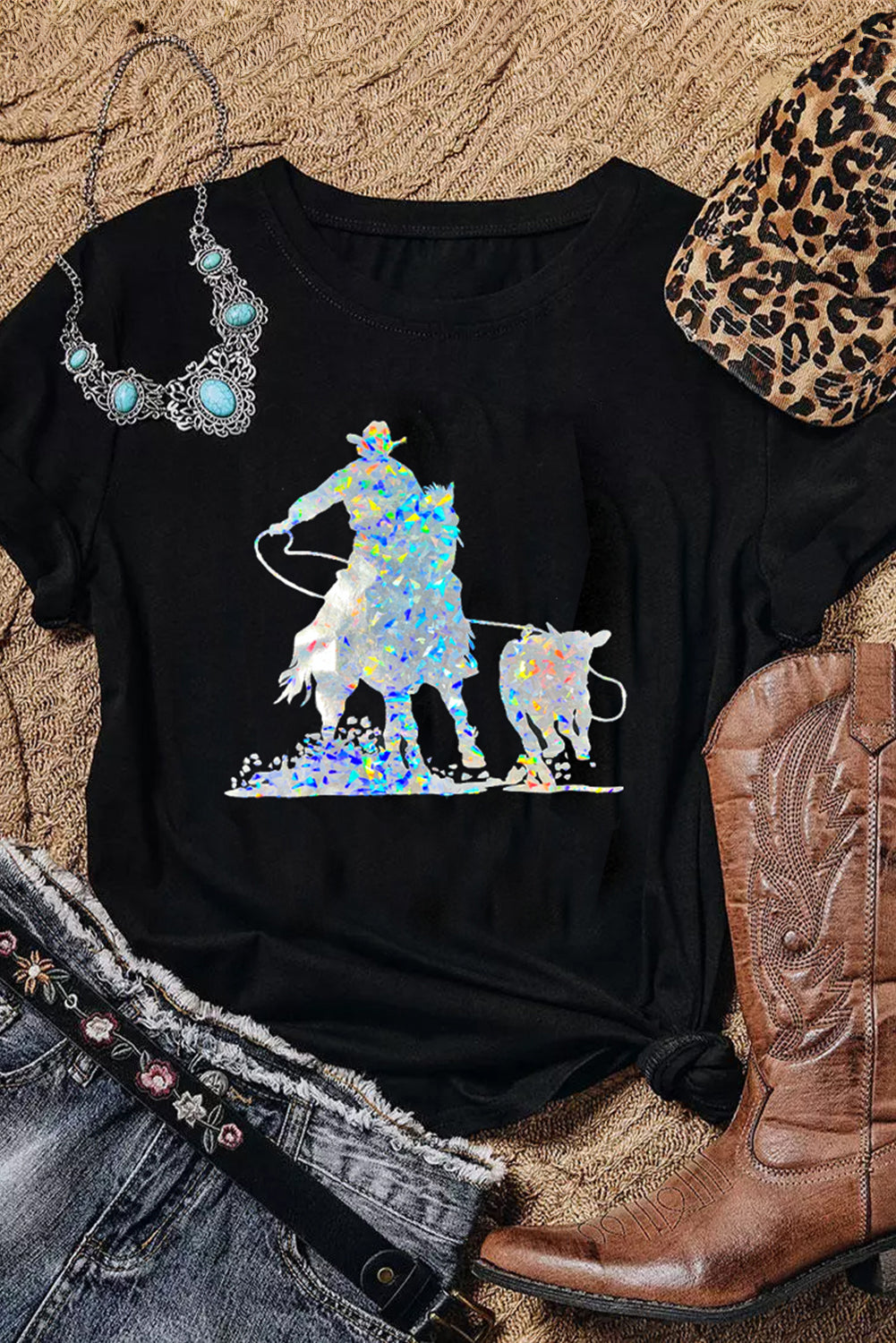 Black Western Cowboy Transfer Vinyl Process Graphic Crewneck Tee