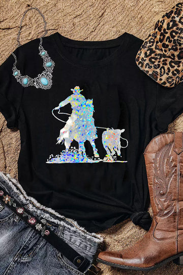 Black Western Cowboy Transfer Vinyl Process Graphic Crewneck Tee