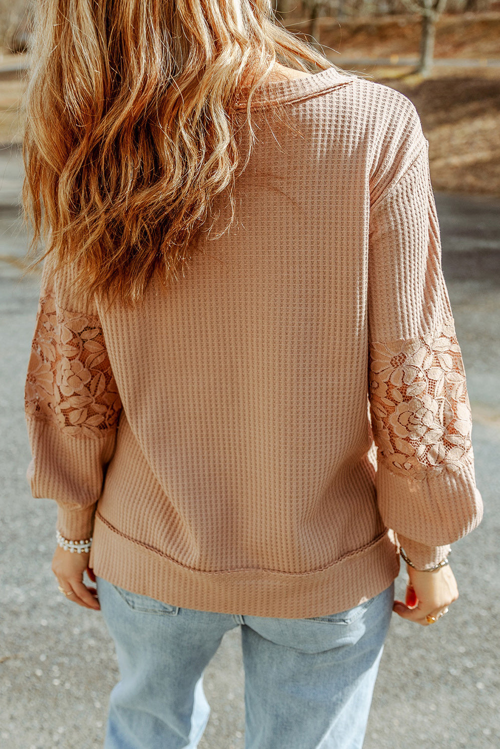 Apricot Lace Waffle Patchwork Strappy V Neck Long Sleeve Top eAura