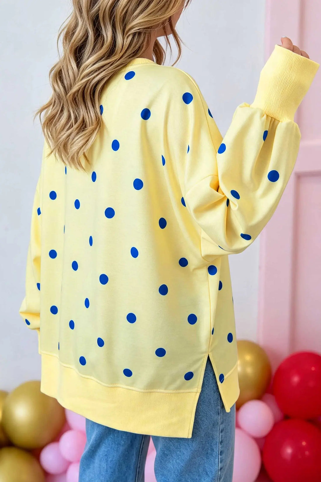 Polka Dot Loose Long Sleeve Split Hem Pullover Top – Yellow
