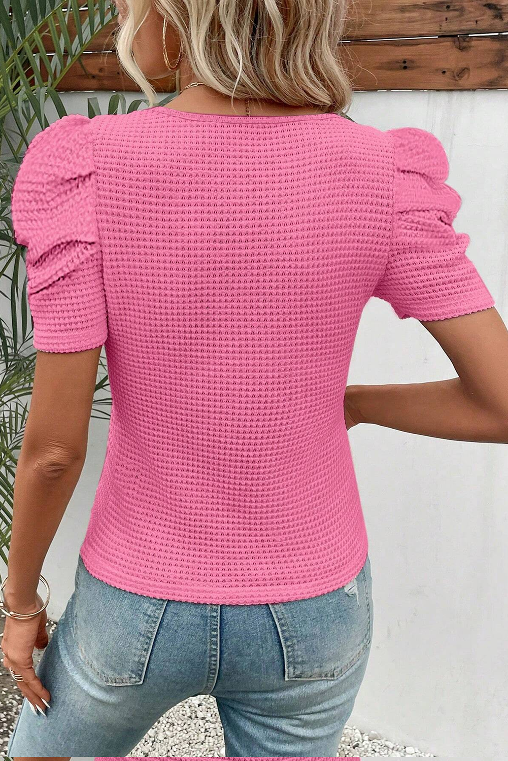 Bright Pink Waffle Knit Ruched Puff Sleeve Top BB Fashion Outlet