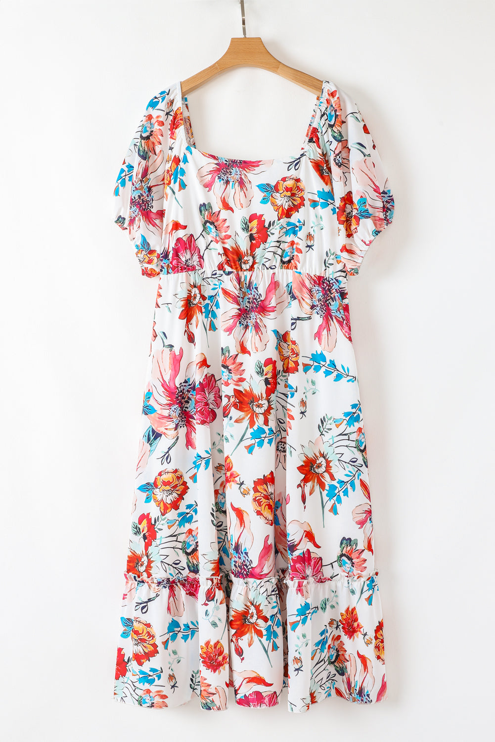 White Floral Square Neck Puff Sleeve Flowy Plus Size Midi Dress BB Fashion Outlet
