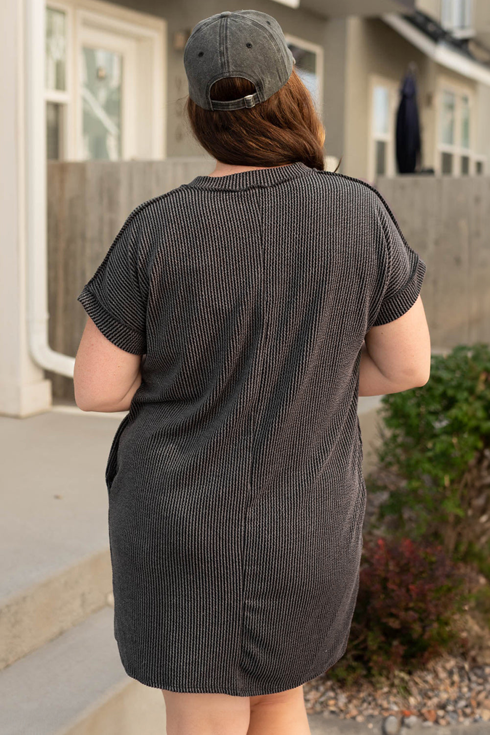 Carbon Grey Ribbed V Neck Plus Size T Shirt Dress with Pockets BB Fashion Outlet