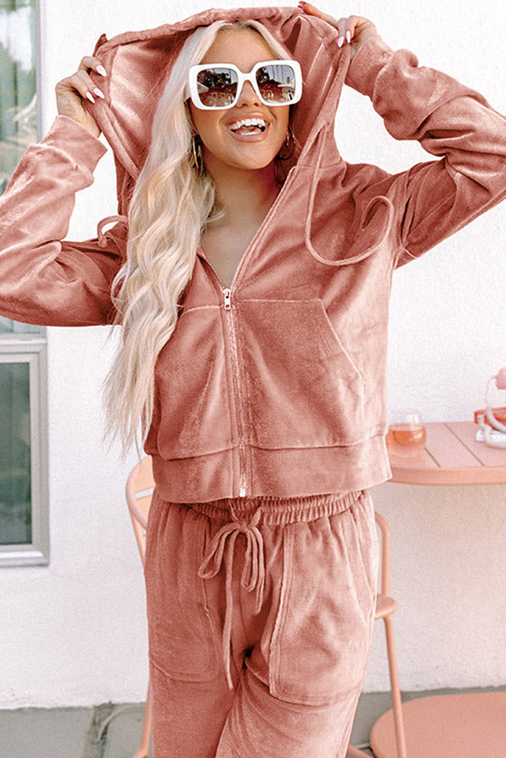 Peach Velvet Zip-up Hoodie and Wide Leg Trousers Co-ord Set eAura