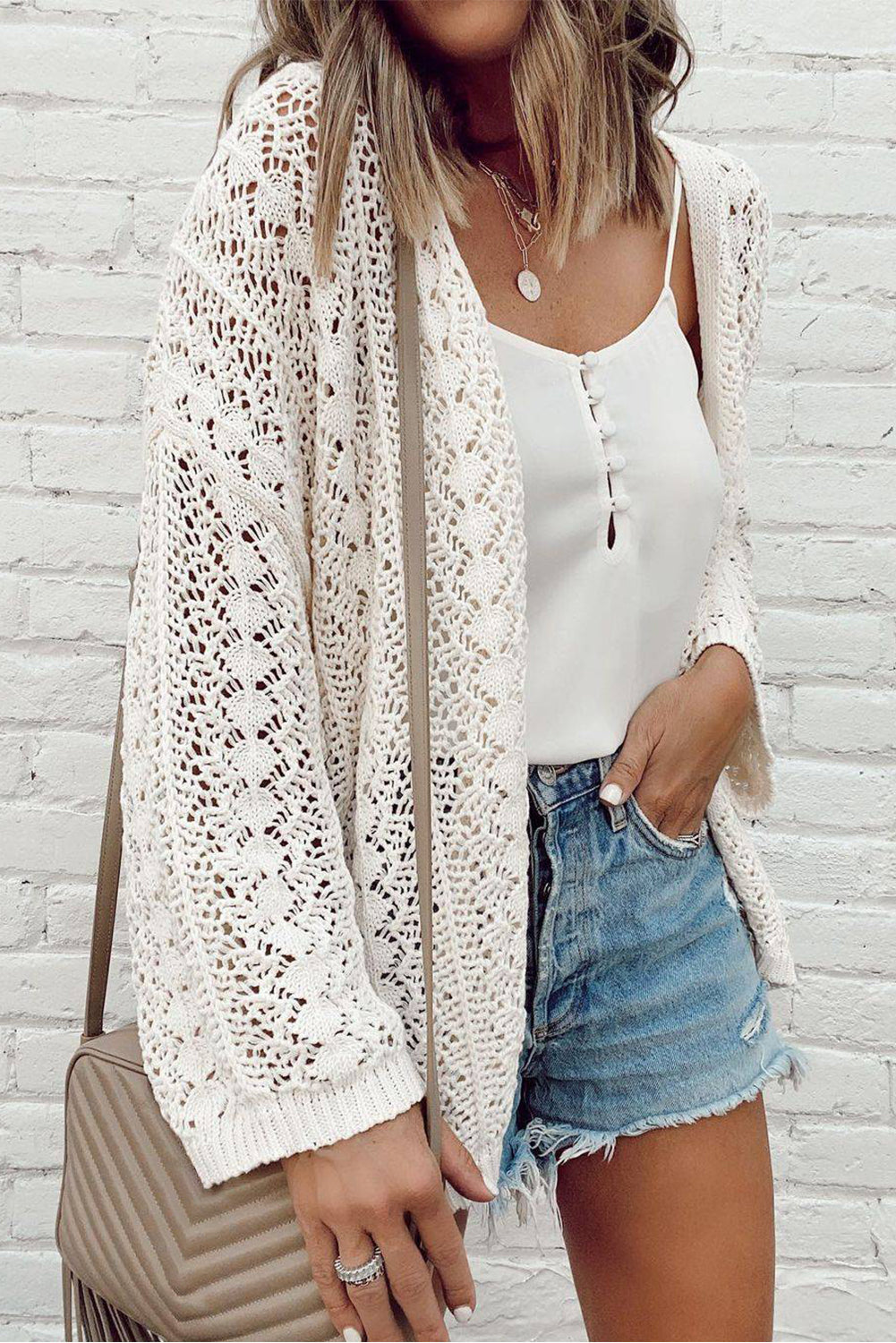 White Stylish Hollow Out Knit Drop Shoulder Cardigan BB Fashion Outlet