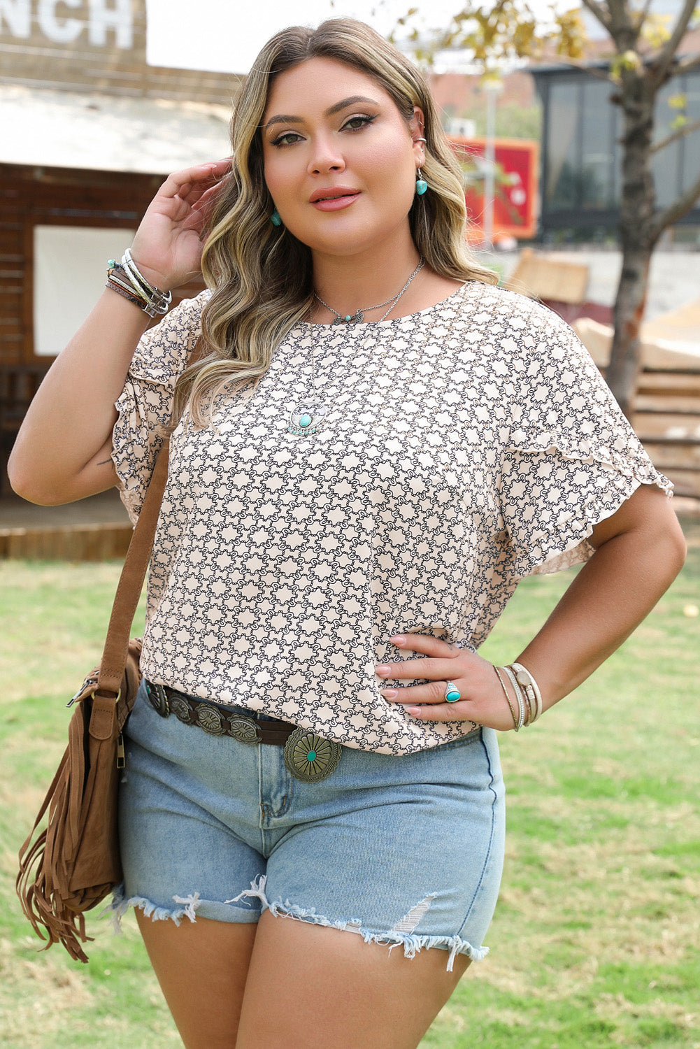 Khaki Plus Size Geometric Print Ruffled Sleeve Blouse BB Fashion Outlet