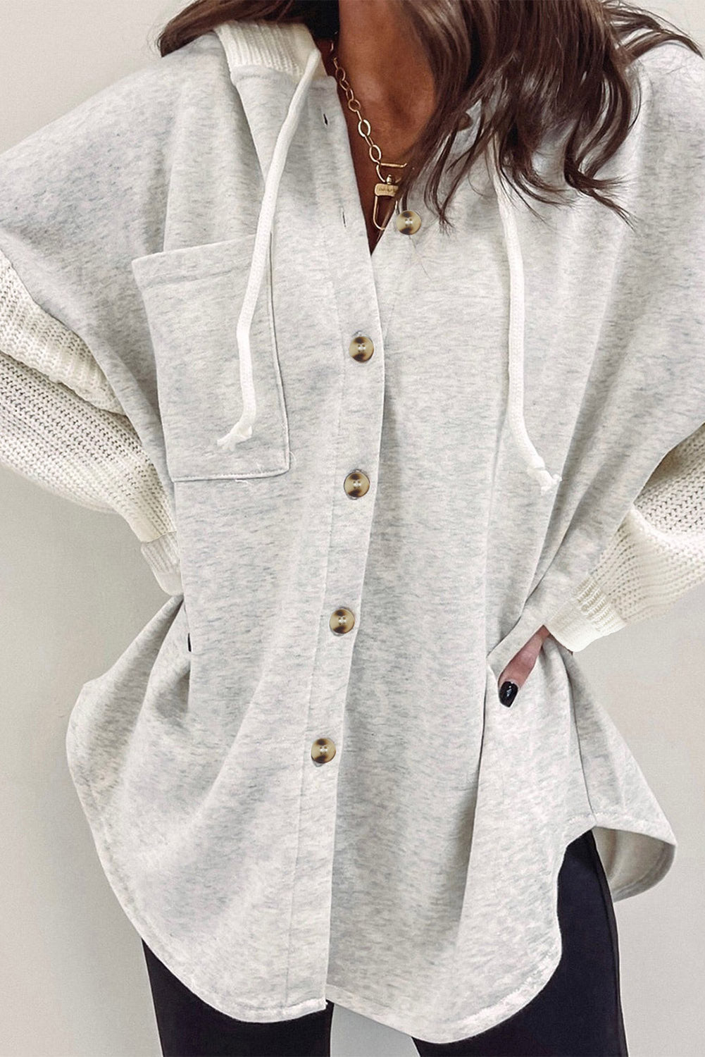 Grey Button Up Contrast Knitted Sleeves Hooded Jacket Beagle Boutique Fashion Outlet