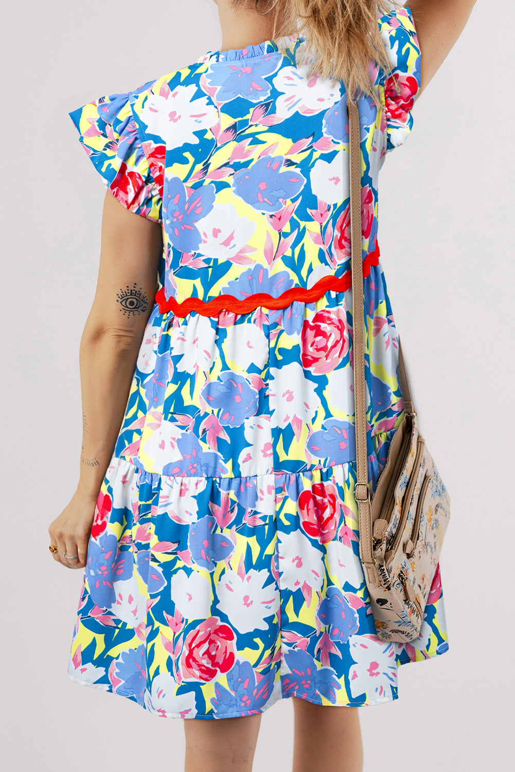 Pink Floral Printed V Notched Ric Rac Flutter Sleeve Dress - eAura