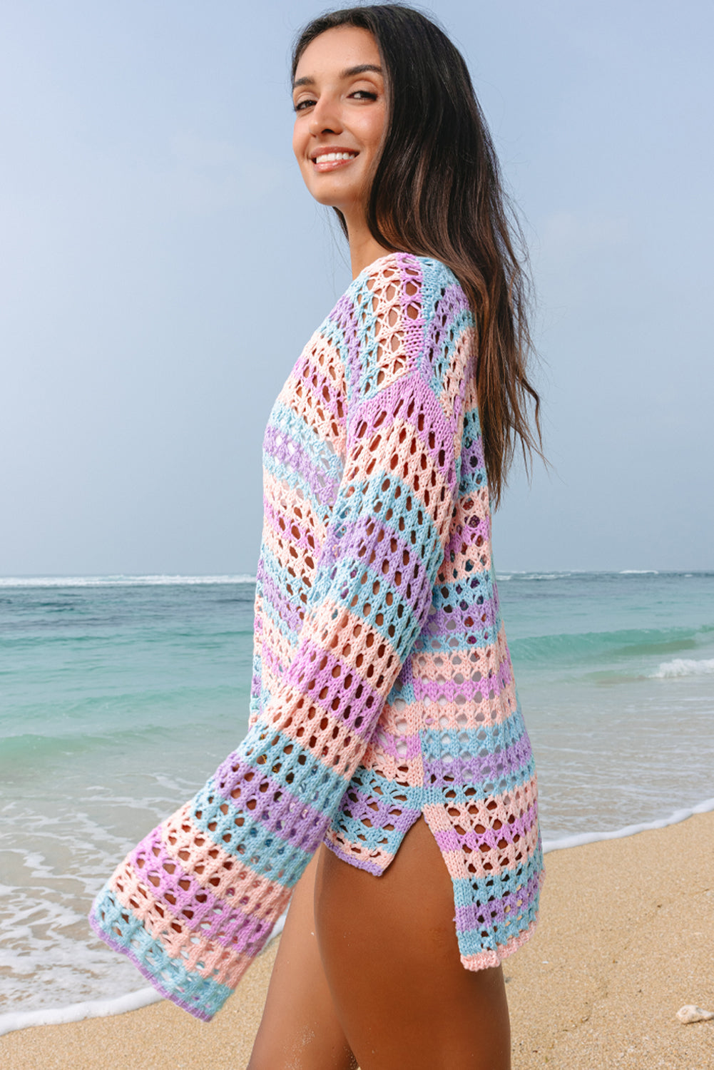 Purple Multi Stripe Open Knit Sweater Beach Cover Up eAura