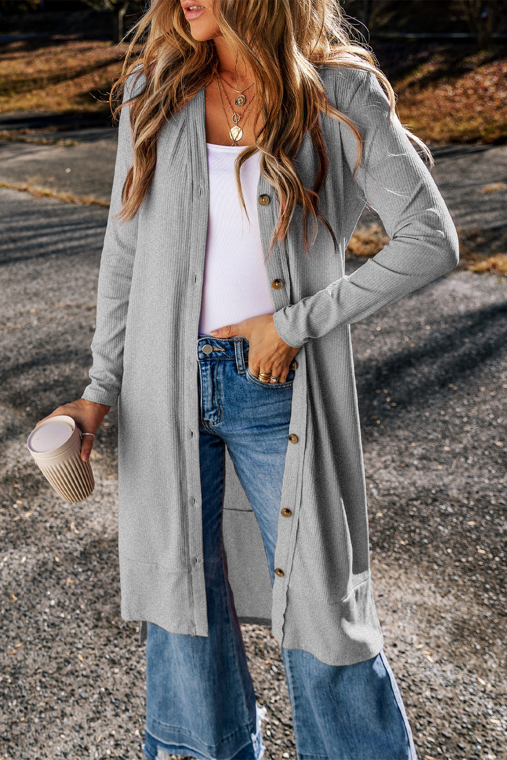 Light French Beige Ribbed Button-Up Split Duster Cardigan eAura
