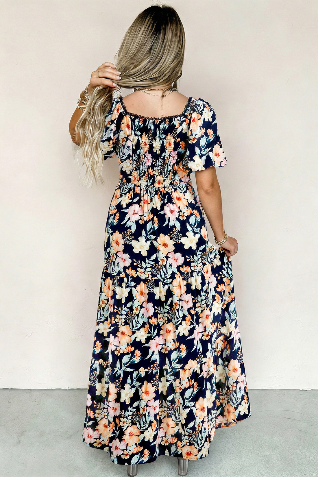Short Sleeve Smocked Detail High Waist Floral Maxi Dress