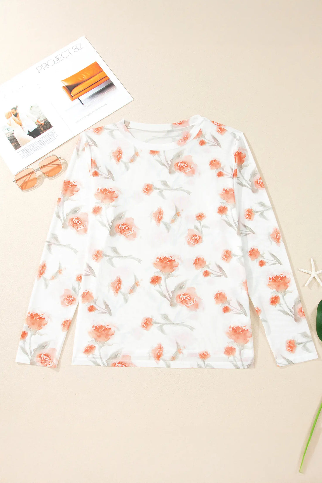 Plus Size Floral Print Sheer Mesh Long Sleeve Top – Red