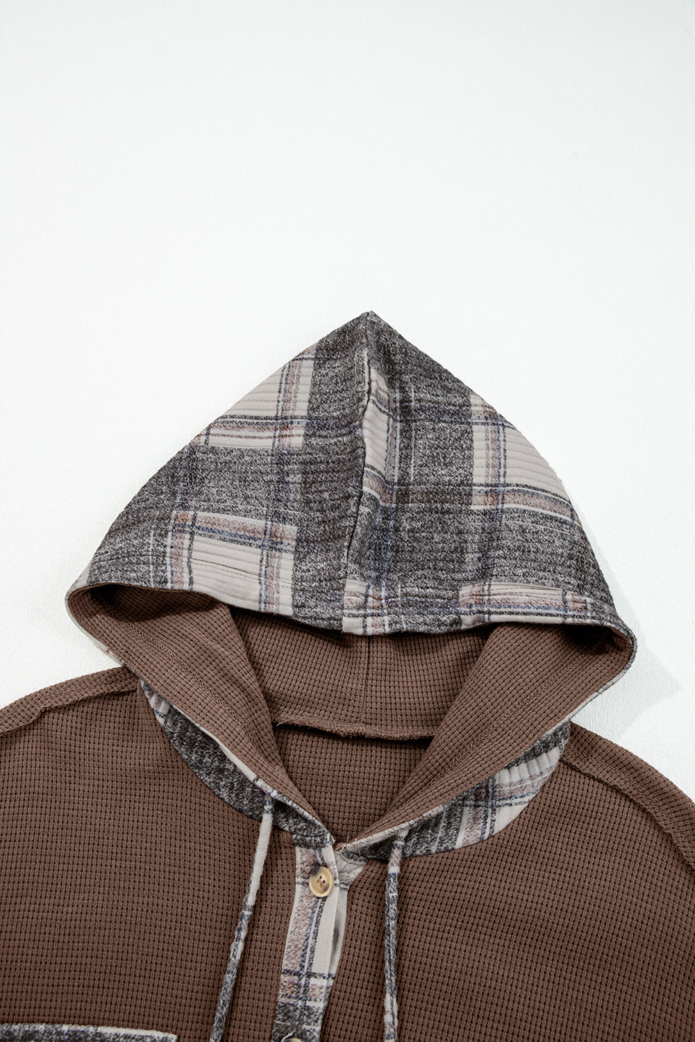Plaid Patchwork Button Down Drawstring Hooded Shacket - eAura