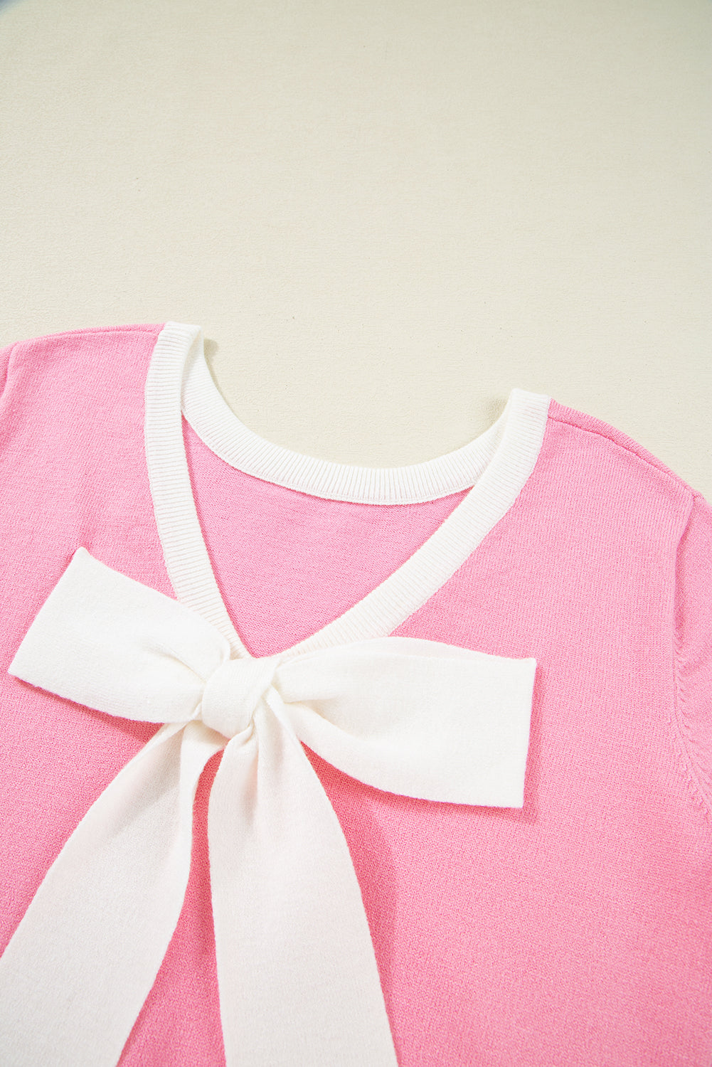 Colourblock Bow V-Shape Cut Back Short Sleeve Sweater eAura