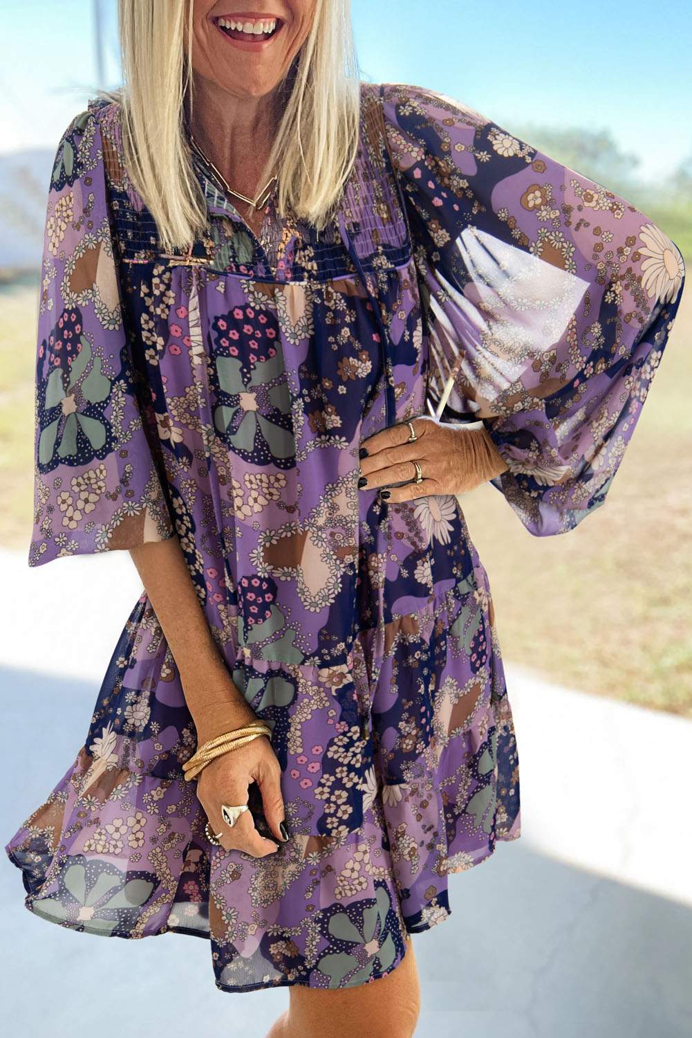 Purple Vintage Daisy Floral Puff Sleeve Ruffle Short Dress eAura
