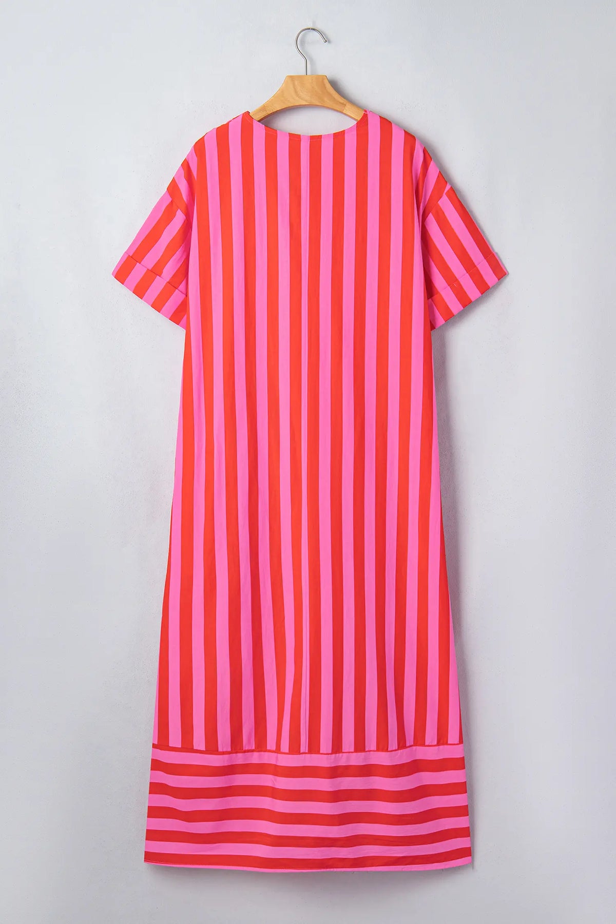 V Neck Cuffed Sleeve Relaxed Split Midi Dress – Red Stripe