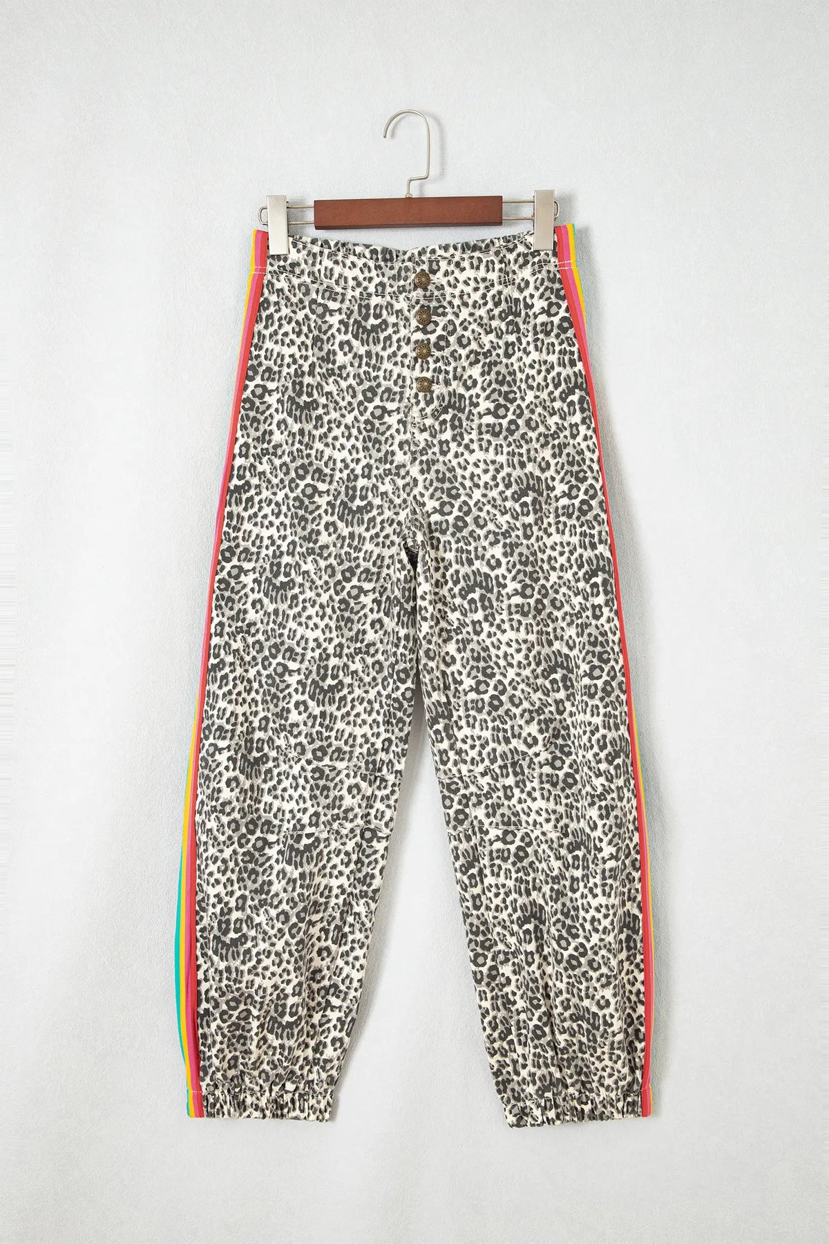 Leopard Print Rainbow Striped Detail Buttoned Loose Jogger Jeans – Brown