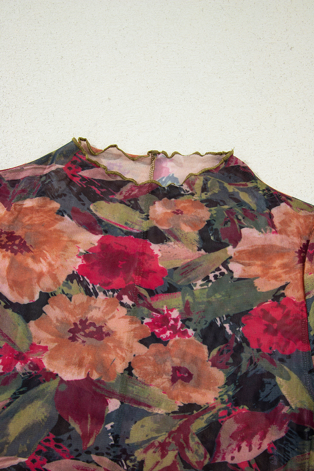 Multicolour Floral Print Lettuce Trim Long Sleeve Mesh Top - eAura