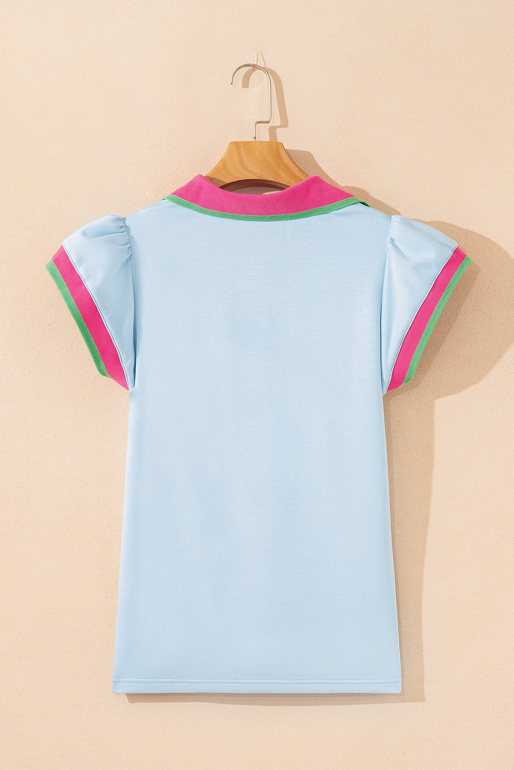 Contrast Ruffled Sleeve Collared V-Neck Blouse eAura