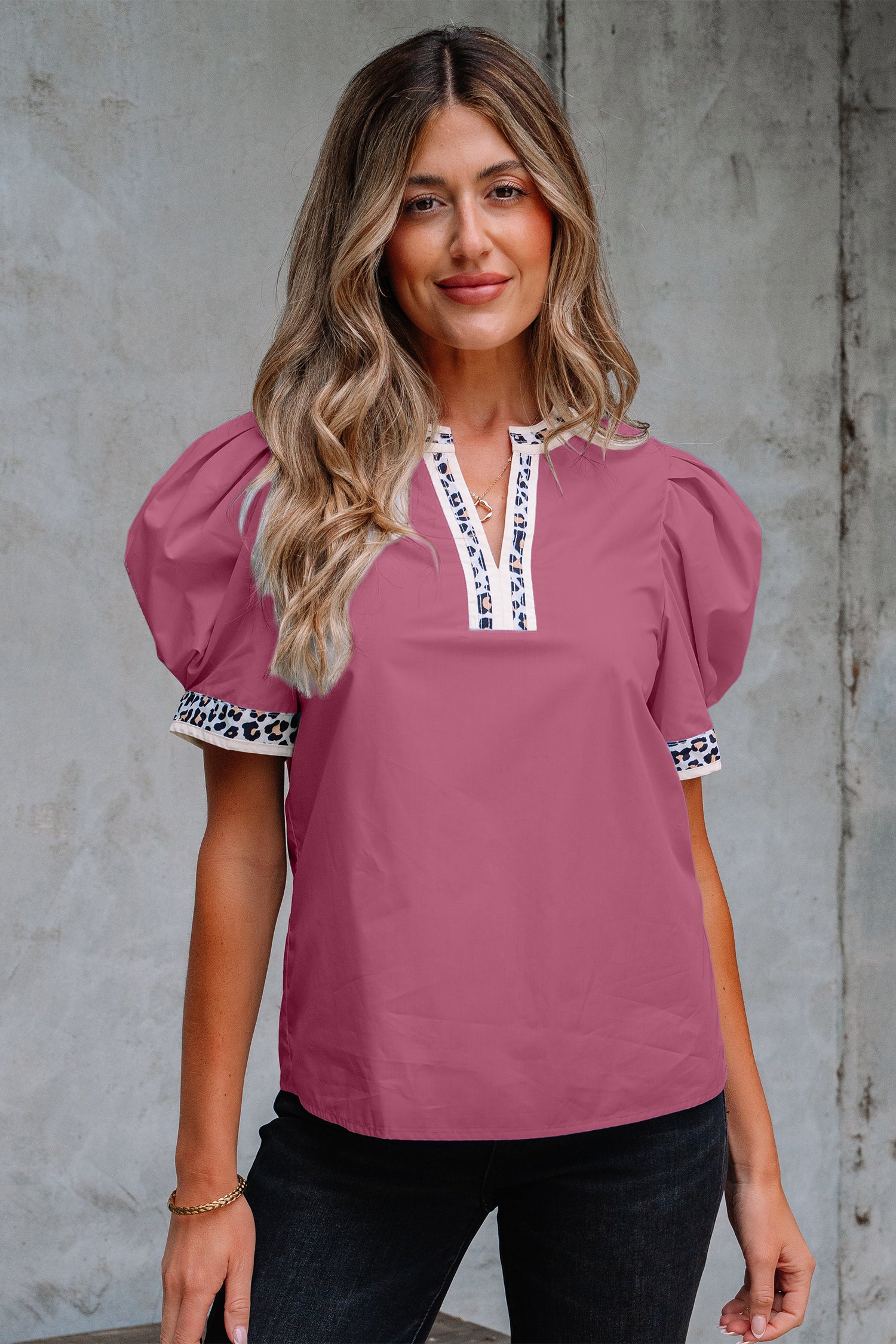 Contrast Leopard Trim Split Neck Puff Sleeve Blouse