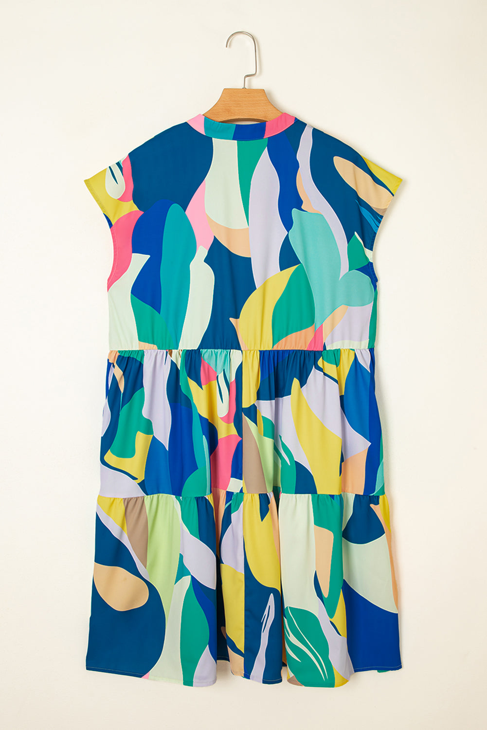 Blue Abstract Print V Neck Cap Sleeve Pocketed Mini Dress eAura