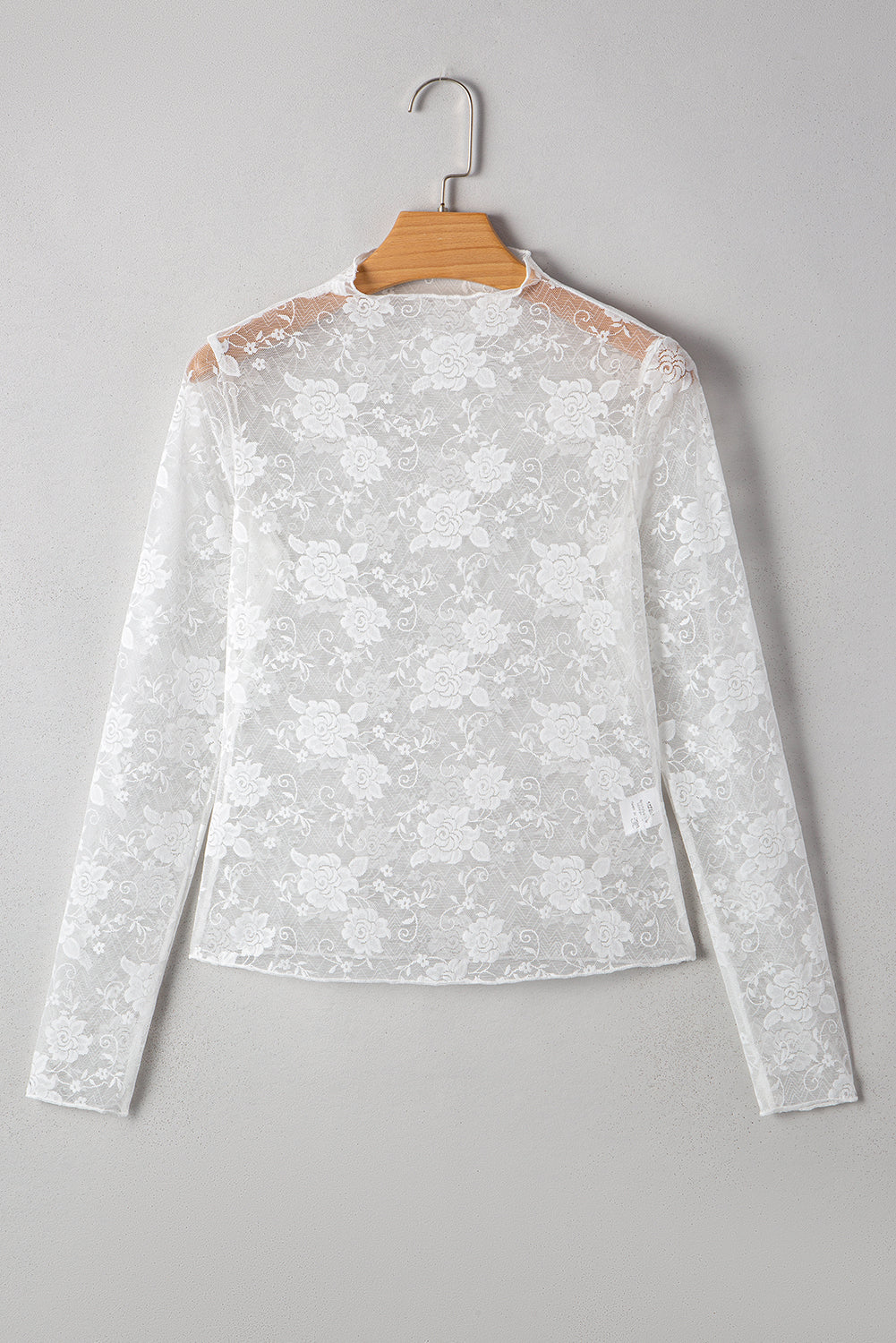 Apricot Pink Mock Neck Floral Lace Mesh Long Sleeve Top - eAura