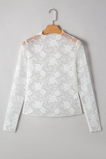 Apricot Pink Mock Neck Floral Lace Mesh Long Sleeve Top - eAura