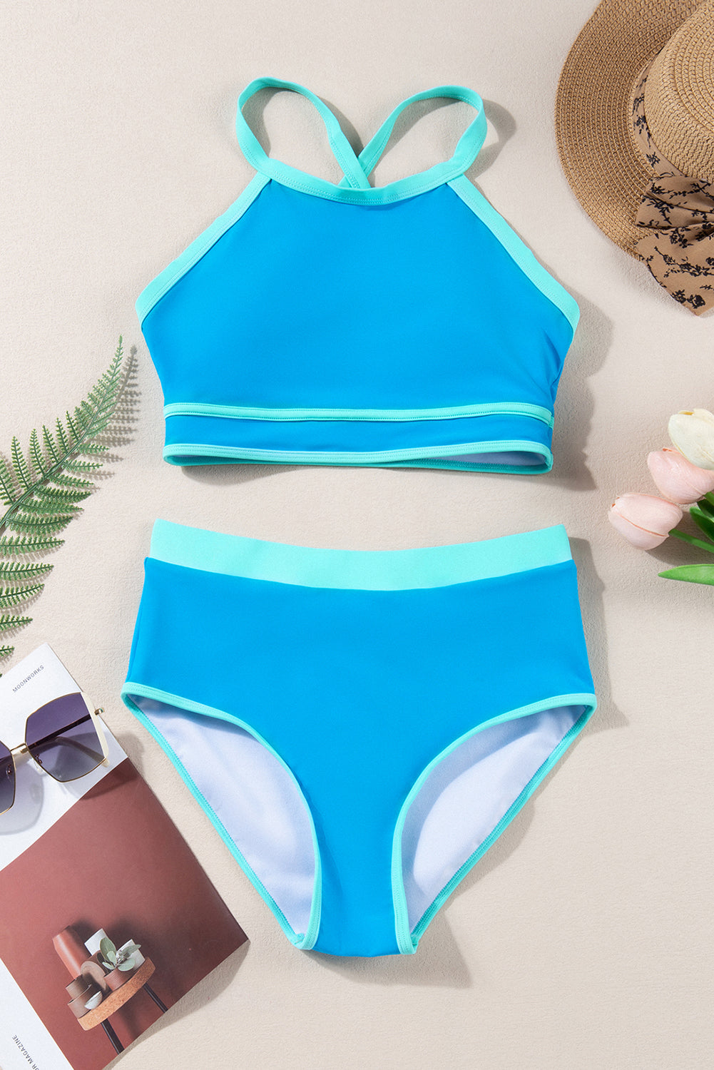 Blue Contrast Trim Crisscross Back High Waisted Bikini BB Fashion Outlet
