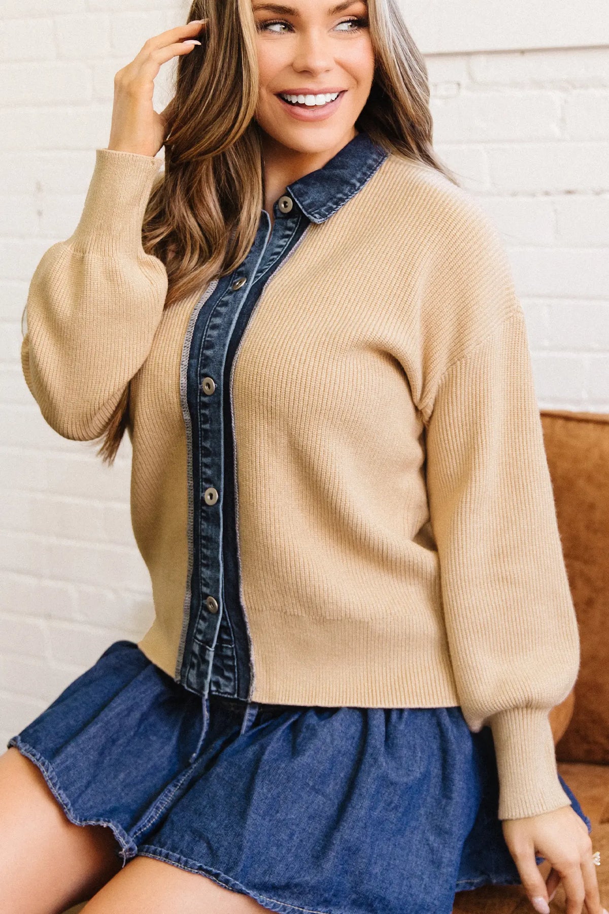 Drop Shoulder Placket Paneling Shirt Collar Long Sleeve Cardigan – Parchment