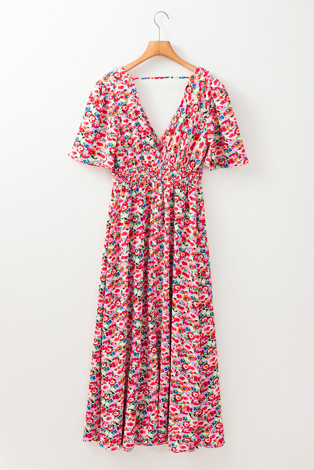 Red Floral Half Sleeve Deep V Neck Cutout Back Split Maxi Dress BB Fashion Outlet