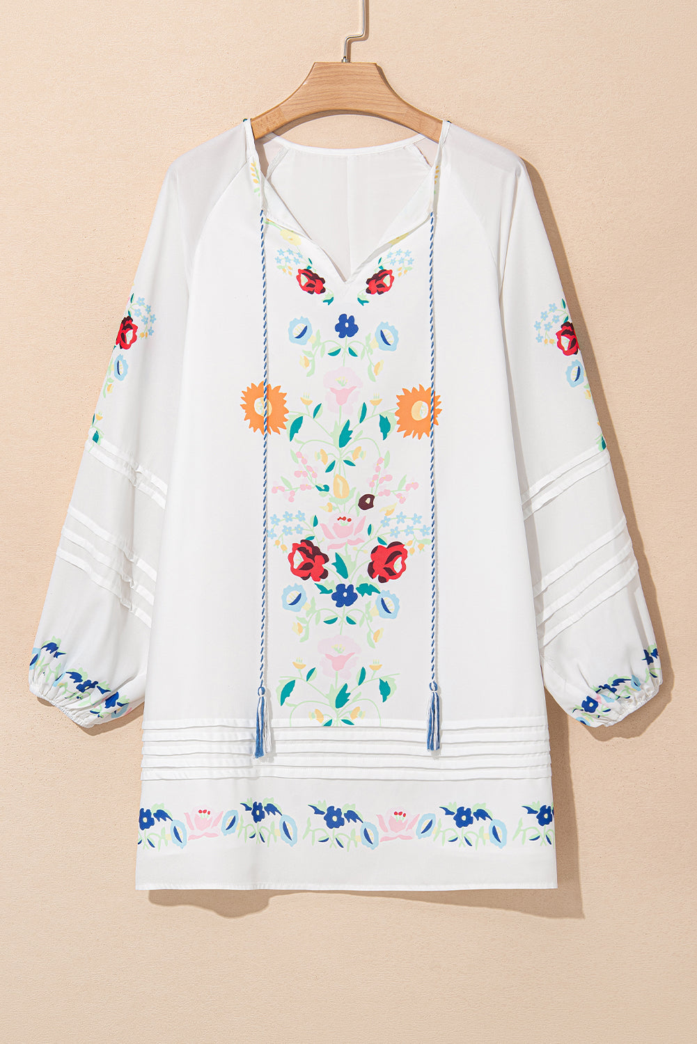 White Floral Print Boho Tassel Tie Split Neck Tucking Detail Puff Sleeve Mini Dress eAura