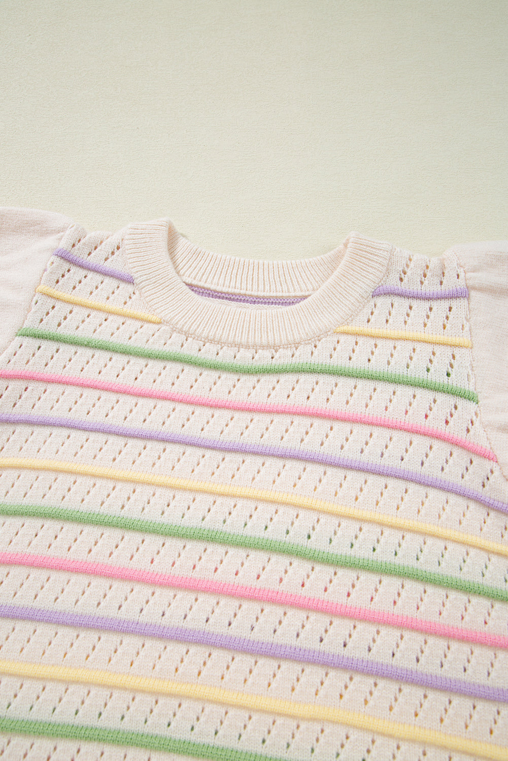 Oatmeal Colourful Striped Eyelet Knit Ruffled Sleeve Sweater T Shirt eAura